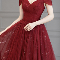 Burgundy Tulle Long Prom Dress, A-Line Off the Shoulder Evening Dress - Thumbnail 1