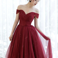 Burgundy Tulle Long Prom Dress, A-Line Off the Shoulder Evening Dress - Thumbnail 2