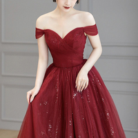 Burgundy Tulle Long Prom Dress, A-Line Off the Shoulder Evening Dress - Thumbnail 3