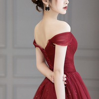 Burgundy Tulle Long Prom Dress, A-Line Off the Shoulder Evening Dress - Thumbnail 4