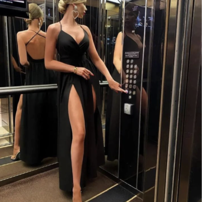 Simple black prom dresses high slit  - Thumbnail 1