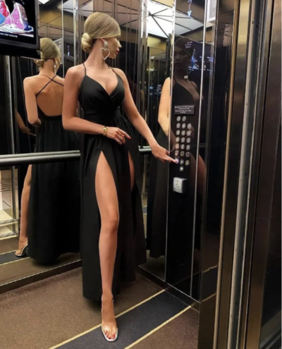 Simple Black Prom Dresses High Slit 