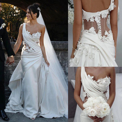One Shoulder Wedding Dresses Bridal Gown with 3D Flowers 