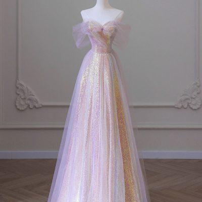 Shiny sequins long prom dress, a-line off the shoulder evening party dress - Thumbnail 2