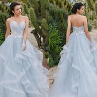 Sweetheart Blue Wedding Dresses with Sweep Train Lace Applique  - Thumbnail 1