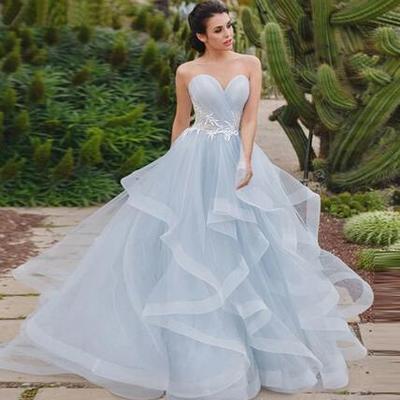 Sweetheart blue wedding dresses with sweep train lace applique  - Thumbnail 3