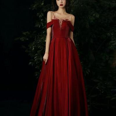 A line burgundy round neck beads long prom dress