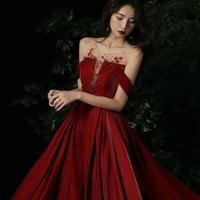 A Line Burgundy round neck beads long prom dress - Thumbnail 2