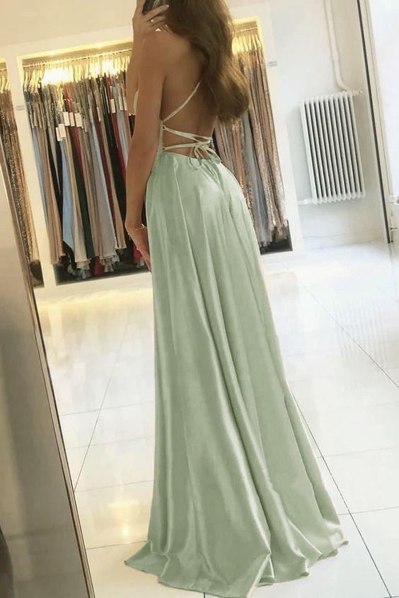 prom dress sage green Eve |Ball Gown Sage Green Prom Dress Long V Neck with Slit Tiered Tulle