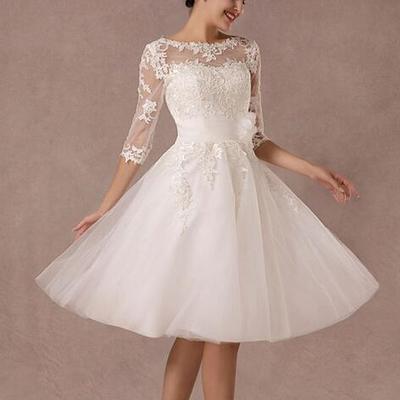  vintage long sleeves tea length a-line tulle bridal dress with lace applique  - Thumbnail 2