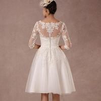  Vintage Long Sleeves Tea Length A-Line Tulle Bridal Dress With Lace Applique  - Thumbnail 1