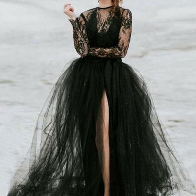 A line long sleeves black lace prom dresses with train - Thumbnail 3