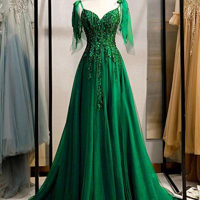 A-line sleeveless beaded deep green v-neck prom dress