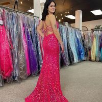 Cute Mermaid Scoop Neck Hot Pink Sequins Prom Dresses with Slit - Thumbnail 1