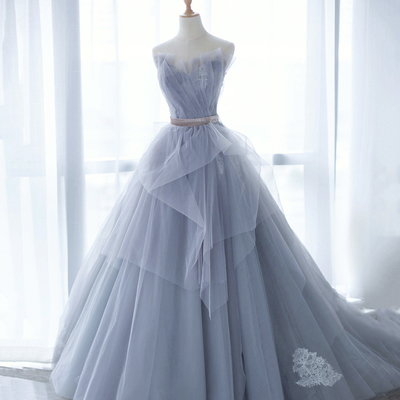 Blue strapless lace long formal dress, a-line evening party dress - Thumbnail 1