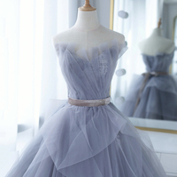 Blue Strapless Lace Long Formal Dress, A-Line Evening Party Dress - Thumbnail 1