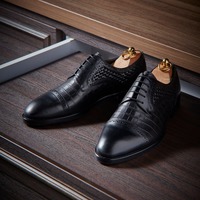 New Men's Hand Stitch Black Alligator Skin Cap Toe Lace Up Wedding Shoes - Thumbnail 1