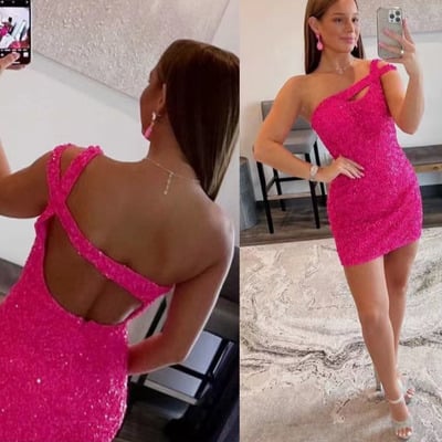 One shoulder fuchsia short homecoming dresses prom dress - Thumbnail 2
