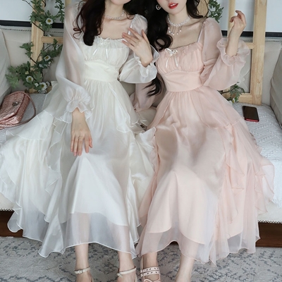 European classic angel fairytale princess white pink tulle ribbon bow long fairy dress - Thumbnail 3