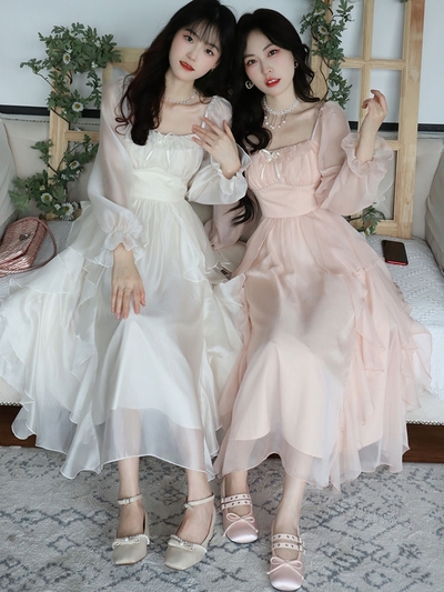 European Classic Angel Fairytale Princess White Pink Tulle Ribbon Bow Long Fairy Dress