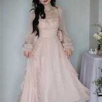 European Classic Angel Fairytale Princess White Pink Tulle Ribbon Bow Long Fairy Dress - Thumbnail 3