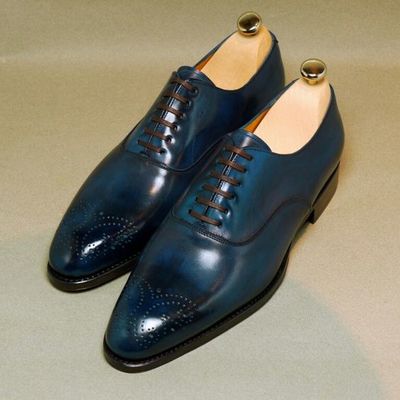 Hot Sale Men's Hand Stitch Blue Black Brogue Lace Up Formal Shoes