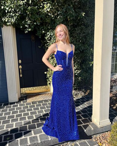 Charming Mermaid Straps RoyalBlue Sequins Prom Dresses