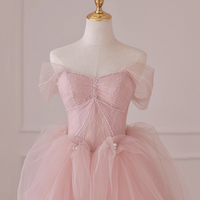 Pink Tulle Long Prom Dress, Off the Shoulder Evening Dress - Thumbnail 1