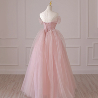 Pink Tulle Long Prom Dress, Off the Shoulder Evening Dress - Thumbnail 2