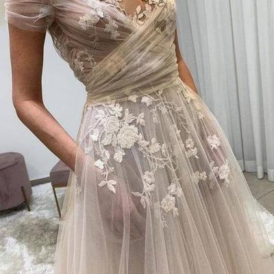 A line tulle applique long prom dress 