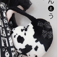 Japanese Fluff Plush Cow Pattern Bow Black White Heart Love Shape Messenger Handbag Bag - Thumbnail 2