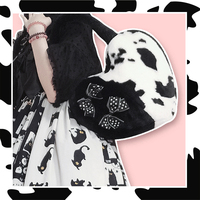 Japanese Fluff Plush Cow Pattern Bow Black White Heart Love Shape Messenger Handbag Bag - Thumbnail 4