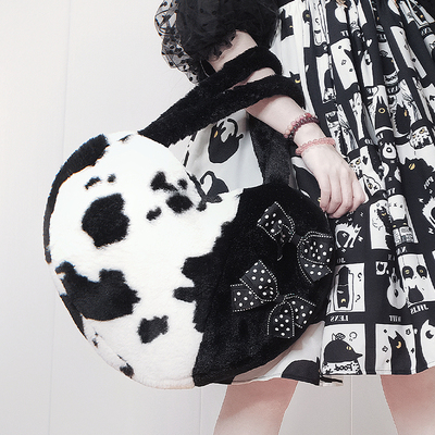 Japanese Fluff Plush Cow Pattern Bow Black White Heart Love Shape Messenger Handbag Bag