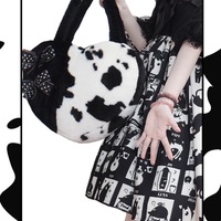 Japanese Fluff Plush Cow Pattern Bow Black White Heart Love Shape Messenger Handbag Bag - Thumbnail 5