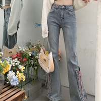 Summer Trendy Stylish Street Cute Pink Ribbon High Waist Jeans Pants - Thumbnail 8