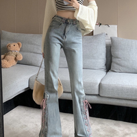 Summer Trendy Stylish Street Cute Pink Ribbon High Waist Jeans Pants - Thumbnail 9