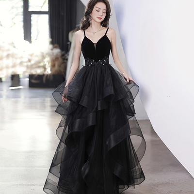 Black v-neck lace long prom dress, a-line evening dress - Thumbnail 1