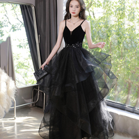Black V-Neck Lace Long Prom Dress, A-Line Evening Dress - Thumbnail 1