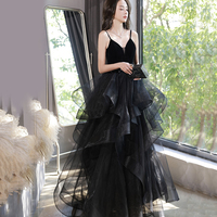 Black V-Neck Lace Long Prom Dress, A-Line Evening Dress - Thumbnail 2
