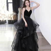 Black V-Neck Lace Long Prom Dress, A-Line Evening Dress - Thumbnail 3