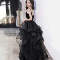 Black V-Neck Lace Long Prom Dress, A-Line Evening Dress - Thumbnail 4