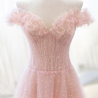 Pink Tulle Sequins Long Prom Dress, A-Line Pink Evening Dress - Thumbnail 1