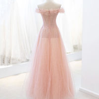 Pink Tulle Sequins Long Prom Dress, A-Line Pink Evening Dress - Thumbnail 3