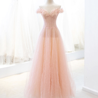 Pink Tulle Sequins Long Prom Dress, A-Line Pink Evening Dress - Thumbnail 4