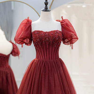 Burgundy tulle beaded long prom dress, cute short sleeve evening dress - Thumbnail 3