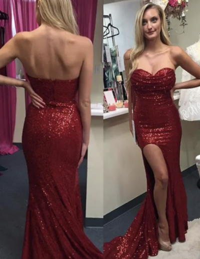 Sweetheart Slit Side Prom Dresses Sequins Red
