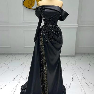 Off shoulder a line black stain prom dress formal dress with beading