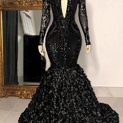Sexy keyhole cool shoulder mermaid flowers black prom dresses