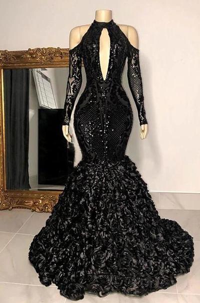 SEXY KEYHOLE COOL SHOULDER MERMAID FLOWERS BLACK PROM DRESSES