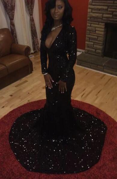 Charming Long Sleeves Black Sequin Long Prom Dresses